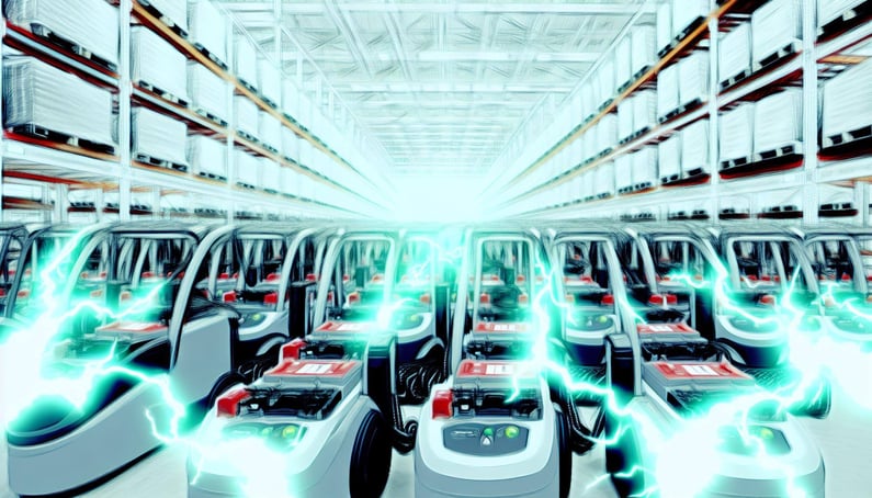 an evocative image of battery chargers that charge a fleet of electric forklifts, set in a factory environment-2